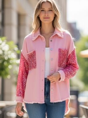 SALE BlueVelvet L Pink Sequin Trim Frayed Denim Jean Shacket